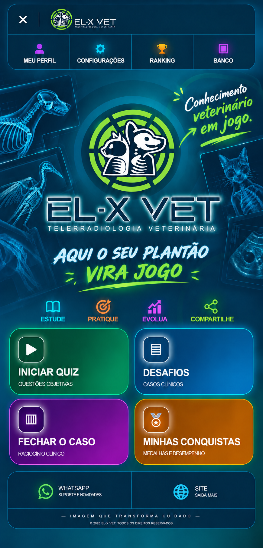 Tela inicial aprovada do Desafio DPI EL-X VET, com imagem veterinária e botões de jogo